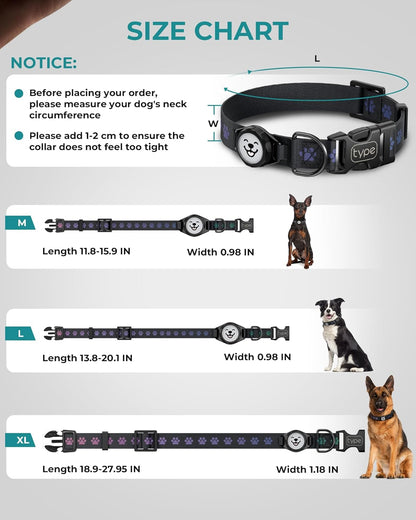 Dog Collar with Airtag Holder, IP67 Waterproof Reflective Airtag Dog Collars for Medium & Large Dogs, Adjustable Pet Collar with Twist-Lock Holder & Green Glow for Night (M, 11.8"-15.9", Black)