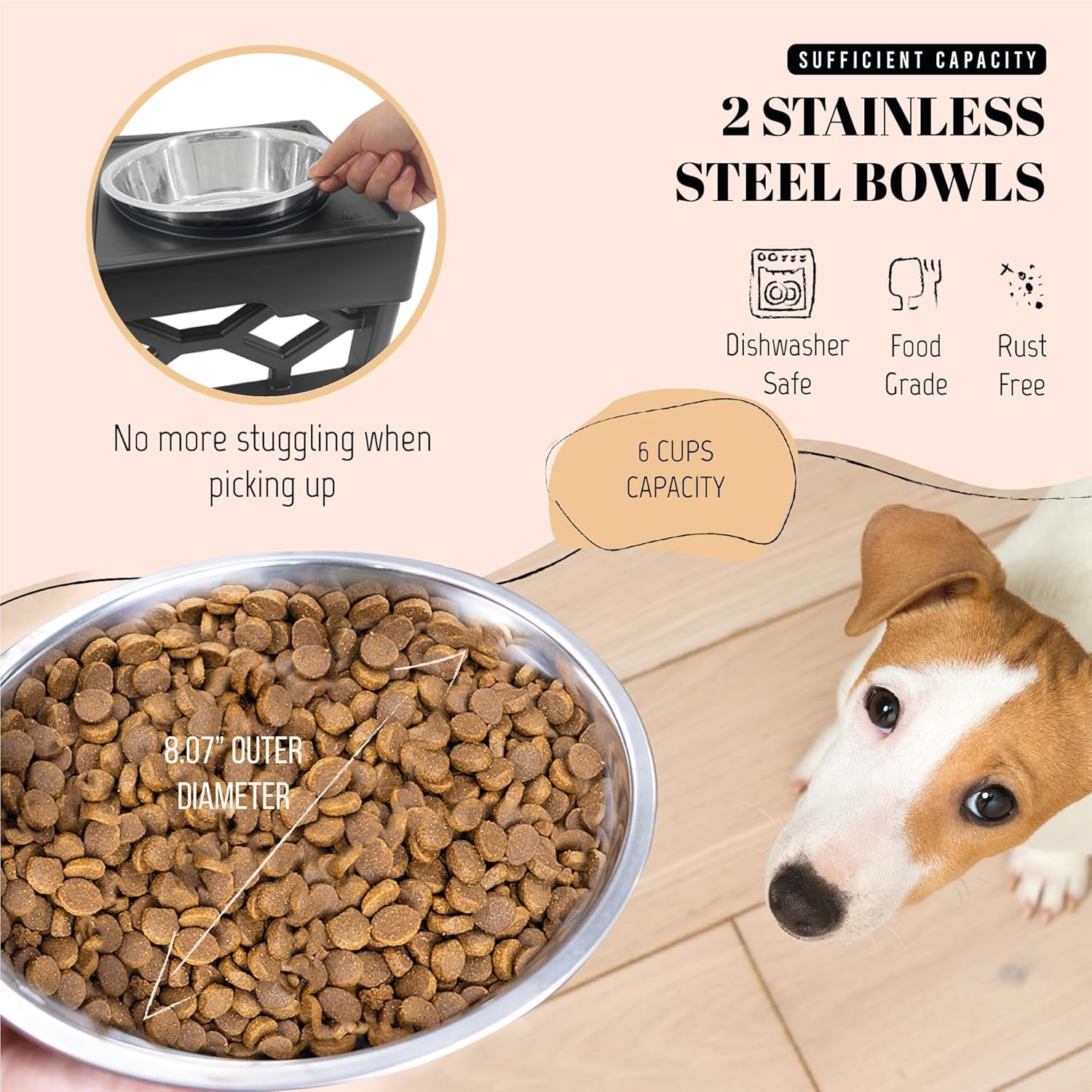 Elevated Dog Bowls, 4 Height Adjustable Stand for Medium and Large Dogs, Raised Dog Feeder Holder with 2 Stainless Steel Food and Water Bowls, Anti-Slip Base Tall Feeding Station
