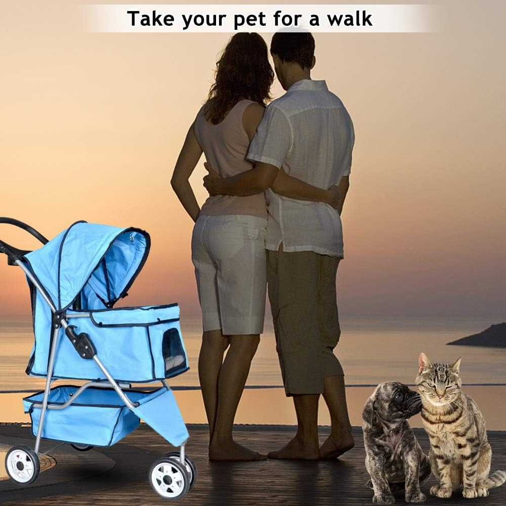 3-Wheel Pet Stroller, Lightweight Foldable Dog Stroller for Small Medium Dogs & Cats, Breathable Mesh & Weather Cover with Storage Basket, for Daily Walk Outdoor Travel (Blue)
